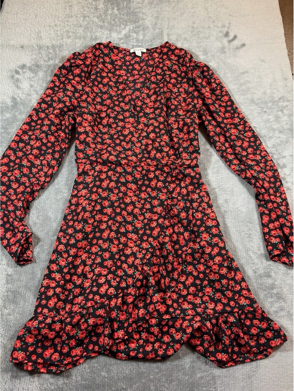 Mi ami Long Sleeve Lined Floral Dress Womens L Romantic Cottagecore Fit Flare